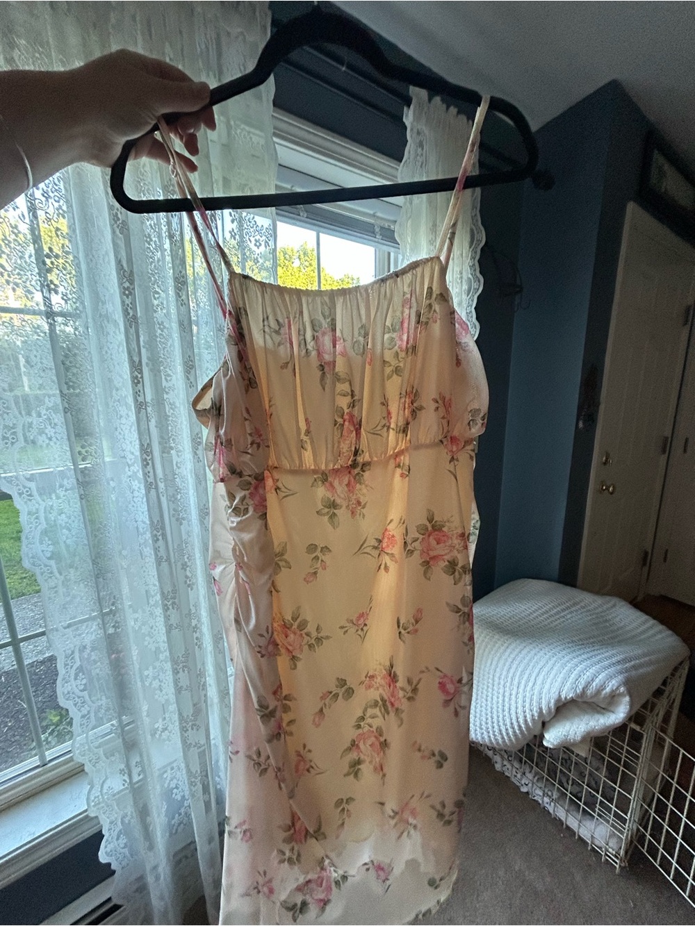 SHEIN Cream Floral Slip Dress with Pink Rose Accents